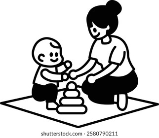 A woman is holding a baby and playing with a stack of blocks. Concept of warmth and affection between the mother and child, as well as the importance of play and bonding in early childhood development