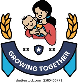 A woman holding a baby and a ribbon in the style of sign illustrations