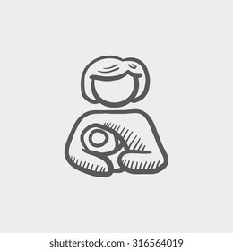 Woman holding the baby sketch icon for web, mobile and infographics. Hand drawn vector dark grey icon isolated on light grey background.