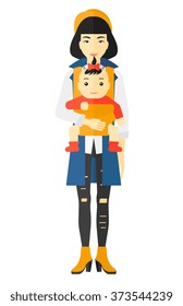 Woman holding baby in sling.