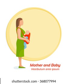 Woman holding baby in sling. Flat vector illustration.