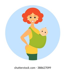 Woman holding baby in sling. Flat vector illustration