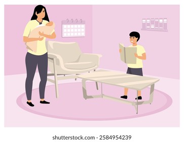 A woman holding a baby while a boy reads a document in a cozy room ambiance.  Flat vector modern illustration 