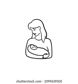 A woman holding baby wraped in blanket hand drawn outline doodle icon. Newborn infant in woman's hands vector sketch illustration for print, web, mobile and infographics isolated on white background.