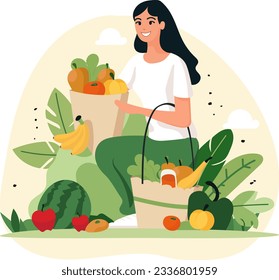woman holding a bag of fruits and vegetables
