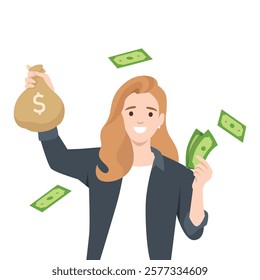 Woman holding a bag of money and cash, symbolizing financial success. Flat vector illustration isolated on white background