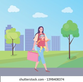 Woman holding bag vector, mother with child walking in city park with buildings. Family baby and mom, brunette character with kid pastime of people