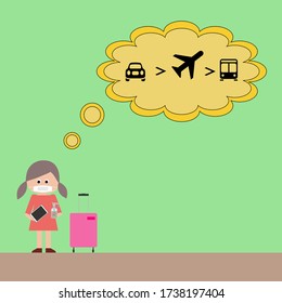 A woman, holding the baggage and tablet with face mask and alcohol gel, is going to airport for taking a plane by a car and then use shuttle bus. New normal in travel concept. New normal concept.