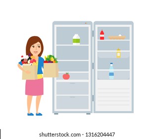 woman holding bags with products food near empty refrigerator