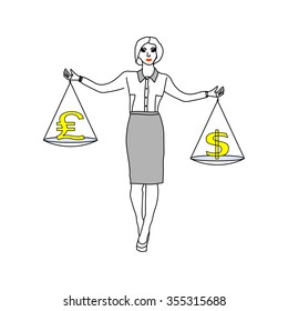 Woman holding a balance thinking what to choose - or dollar vs gbp. vector