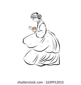 Woman holding a ball of orange thread for sewing and knitting. Lady dressmaker in vintage style from the nineteenth century. Drawing for coloring.
