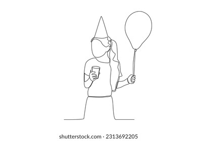 A woman holding a balloon and a drink. Birthday party one-line drawing