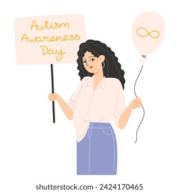 A woman holding a balloon and a gold infinity symbol poster for Autism Awareness Day