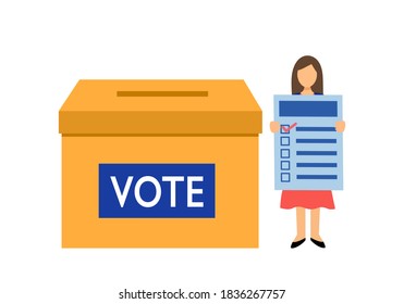 A woman holding ballot paper for putting in giant ballot box. America president election campaign. Election Day. Vote for your voice vector illustration.