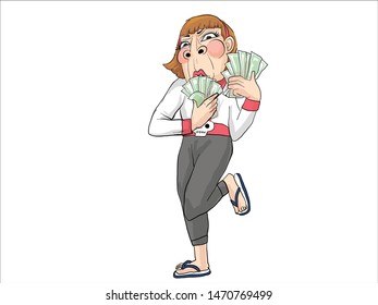 woman holding a lot bank notes action cartoon, vector