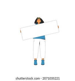 Woman holding a banner. Female person with blank, placard. Vector character line art illustration isolated on white background.