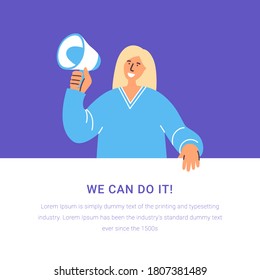 Woman holding banner and loudspeaker calling on for incorporation. Together we are power. International women day. Girl empowerment concept for poster, web banner, website page. Together we can.