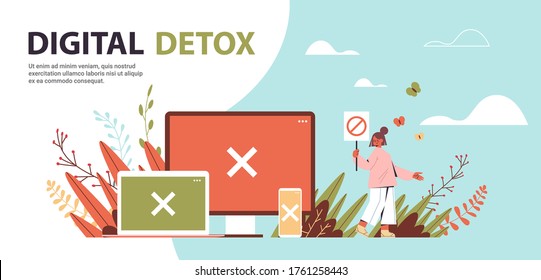 woman holding banner with prohibition sign rejection of gadgets devices internet and social networks digital detox concept healthy lifestyle horizontal full length vector illustration