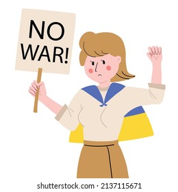 Woman holding banners and placards. No war concept. Vector illustration