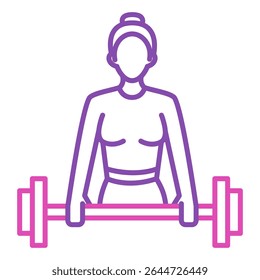 Woman holding barbell line icon vector isolated. Simple pictogram of a healthy strong female character. Symbol of power and strength. Fitness icon, concept of bodybuilding.