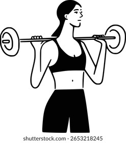 Uma mulher segurando um sino em seus ombros, preparando-se para fazer agachamentos. Ilustração minimalista da arte de linha de um exercício de levantamento de peso ou de treinamento de força.