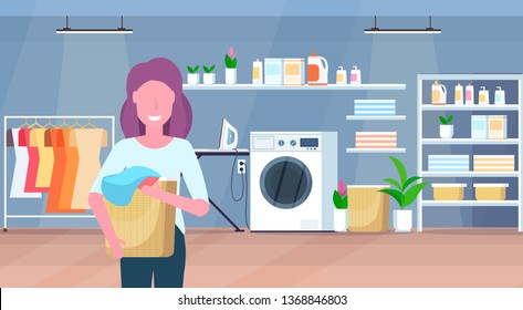 woman holding basket with dirty clothes housewife doing housework laundry room interior cartoon character portrait flat horizontal