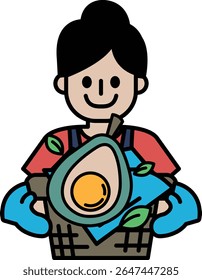 A woman is holding a basket of food, including an avocado. She is smiling and she is happy