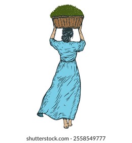 Woman holding basket with harvest on her head in hand draw style sketch isolated on clean background. Rear view. Color cartoon vector illustration.