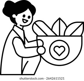 A woman is holding a basket of vegetables and smiling. The basket is filled with various vegetables, including carrots, broccoli, and lettuce. Concept of health and wellness