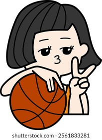 Woman holding a basketball and making a peace sign