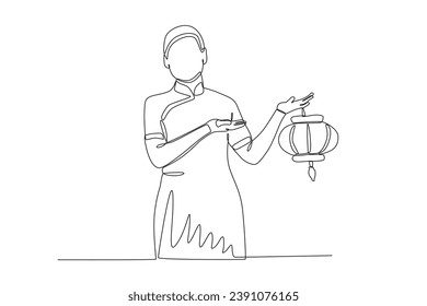 A woman holding a beautiful lantern. Chinese new year one-line drawing
