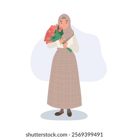 woman holding a beautiful rose bouquet celebrating love on valentine’s day