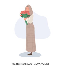 woman holding a beautiful rose bouquet celebrating love on valentine’s day