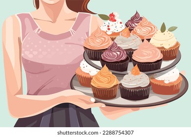 Woman holding beautifully decorated cupcakes, vector art illustration.