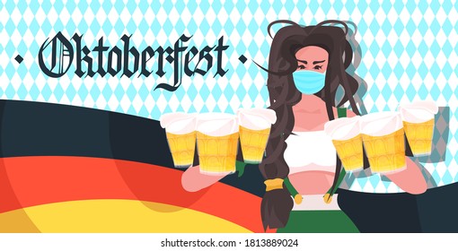 woman holding beer mugs Oktoberfest party festival celebration waitress wearing mask to prevent coronavirus pandemic portrait horizontal vector illustration