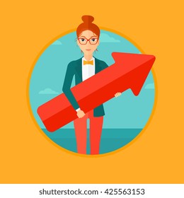 A woman holding a big arrow in hands. Vector flat design illustration in the circle isolated on background.
