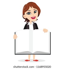 Woman holding a big book blank empty template write your own text message contents pictures product image services story kids children