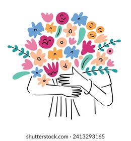 Mujer sosteniendo un gran ramo, icono de composición de flores, ilustración vectorial de una persona con regalo de cumpleaños, tarjeta de San Valentín, regalo para el Día de la Madre, concepto de amor, personaje de contorno