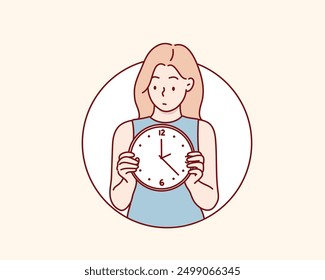 Mujer que sostiene el reloj grande. Ilustraciones de diseño de Vector de estilo dibujado a mano.