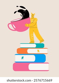 Woman holding a big coffee cup standing on a book. Free time concept. Colorful vector illustration

