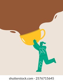 Woman holding big coffee mug. Colorful vector illustration