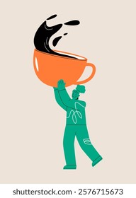 Woman holding big coffee mug. Colorful vector illustration