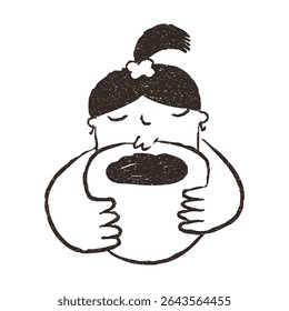 Woman holding big cup of coffee, hand drawn doodle, vector illustration isolated on white background. Outline sketch style with grunge vintage texture. Girl hugs mug, cafe concept.