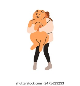 Mujer sosteniendo perro peludo grande. Dueño de la mascota, chica que lleva lindo perro gigante. Personaje femenino que abraza al animal canino esponjoso con amor y cuidado. Ilustración vectorial plana aislada sobre fondo blanco