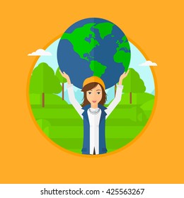 A woman holding a big globe model over his head in the park. Vector flat design illustration in the circle isolated on background.