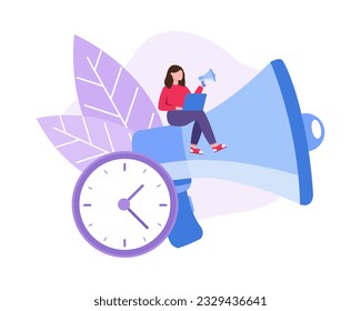 Woman holding big gramophone and making announcement. Timely performance of task. Plan time management, remind about deadlines. Timely completion of project. Vector illustration