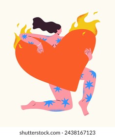 Woman holding big heart in hands. Smiling female character with stars and flames. Self care and body positive concept.