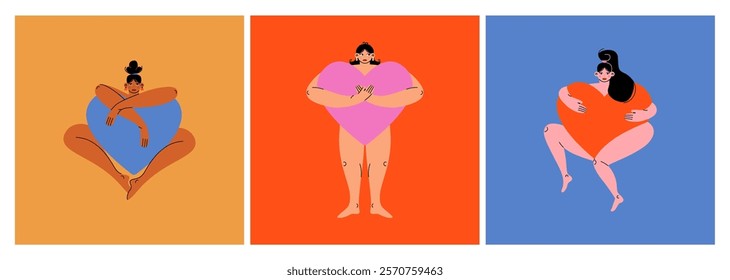 Woman holding big hearts. Cartoon female characters with huge love symbols, valentines day romantic cards, friendship relationship self love concept. Vector flat set.