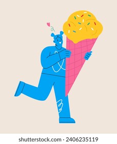 Woman holding big ice cream. Colorful vector illustration
