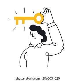 Woman holding big key. Concept of solution, opportunity, solving problem, leadership. Outline, linear, thin line, doodle art. Simple style with editable stroke.